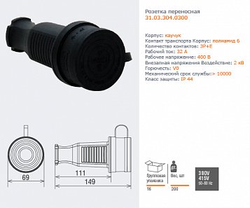 Розетка 3х32А 380В (каучук), 3Р+Е Т-Пласт (31.03-304-0300)